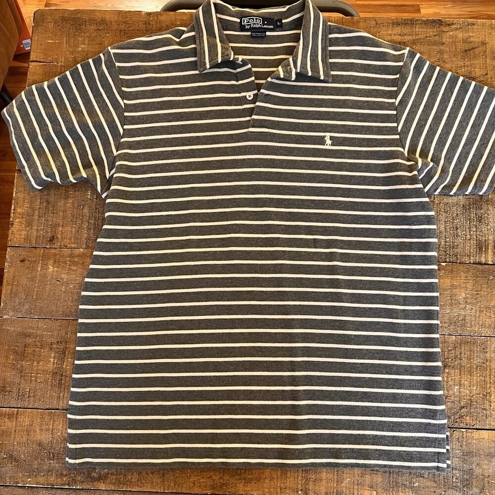 VTG Polo Ralph Lauren Vintage Gray White Striped Polo Shirt Men’s Large EUC‎